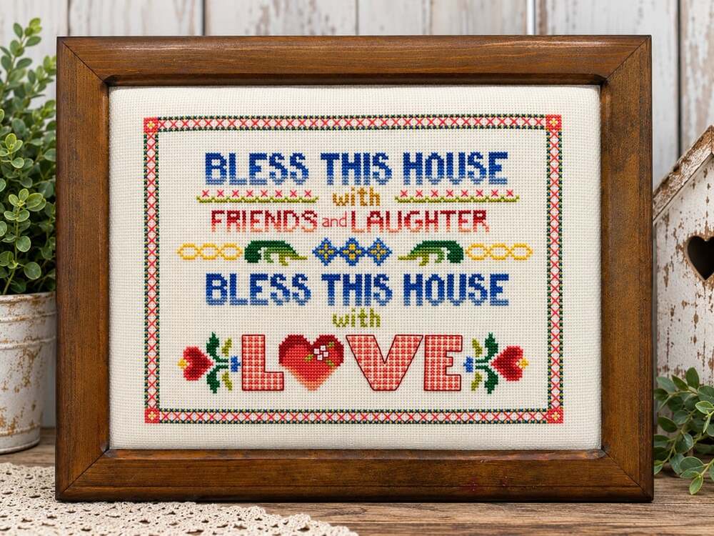 Bless House Friends Laughter Love Cross Stitch Variegated 14.5x12 Pro Framed Vtg